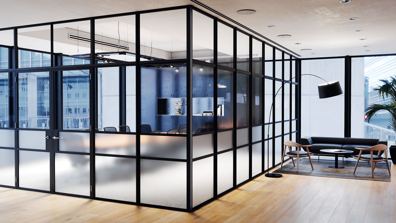 Internal door with black hardware creating a separate room with glass walls